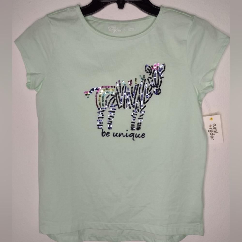 NWT Rumi + Ryder Girl's Green/Sequin Zebra "be unique" Top Size L(12-14)